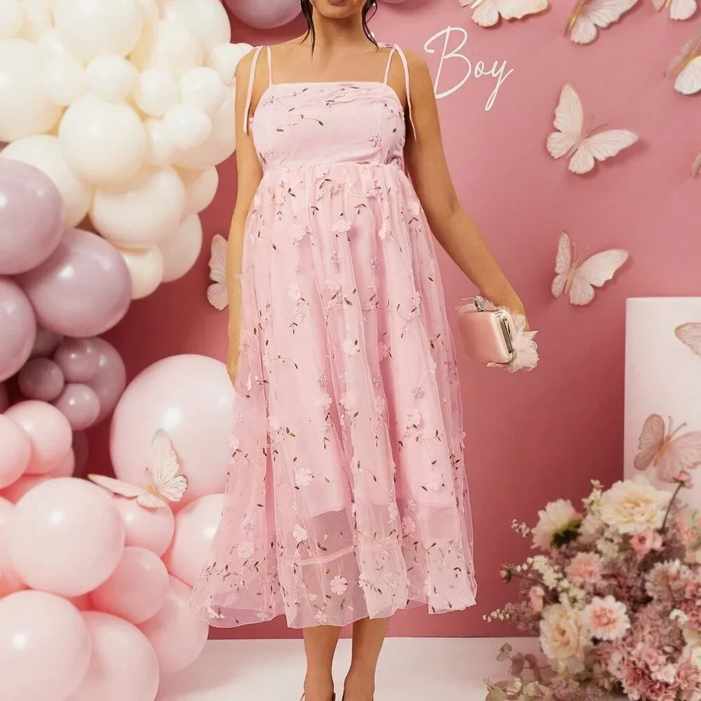 Pink Boho Women's Pregnant Bow Shoulder Strap Elegant Long Dress - Picture 3 of 6